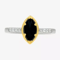 Womens Genuine Black Onyx 10K Gold Sterling Silver Marquise Side Stone Cocktail Ring