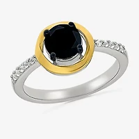 Womens Genuine Black Onyx 10K Gold Sterling Silver Round Side Stone Cocktail Ring