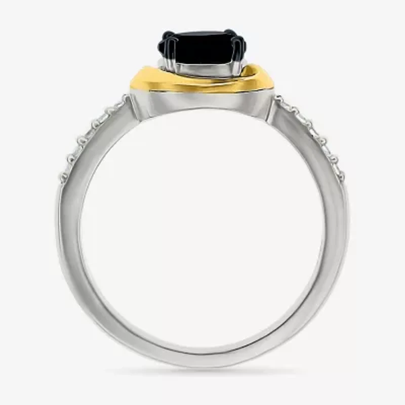 Womens Genuine Black Onyx 10K Gold Sterling Silver Round Side Stone Cocktail Ring