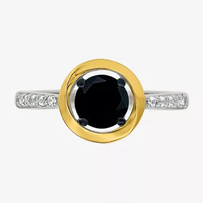 Womens Genuine Black Onyx 10K Gold Sterling Silver Round Side Stone Cocktail Ring