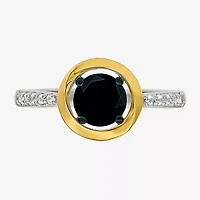 Womens Genuine Black Onyx 10K Gold Sterling Silver Round Side Stone Cocktail Ring