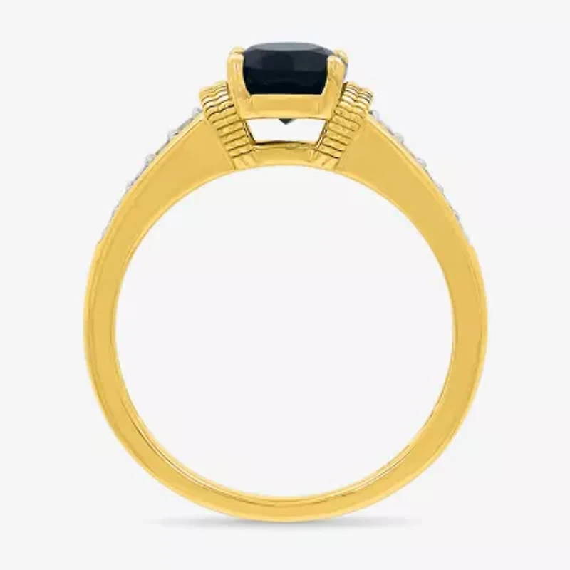 Womens Genuine Black Onyx 10K Gold Sterling Silver Oval Side Stone Cocktail Ring