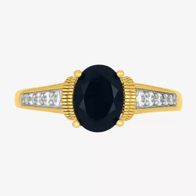Womens Genuine Black Onyx 10K Gold Sterling Silver Oval Side Stone Cocktail Ring