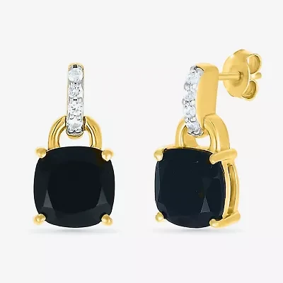 Womens Genuine Black Onyx 10K Gold Sterling Silver Cushion Drop Earrings