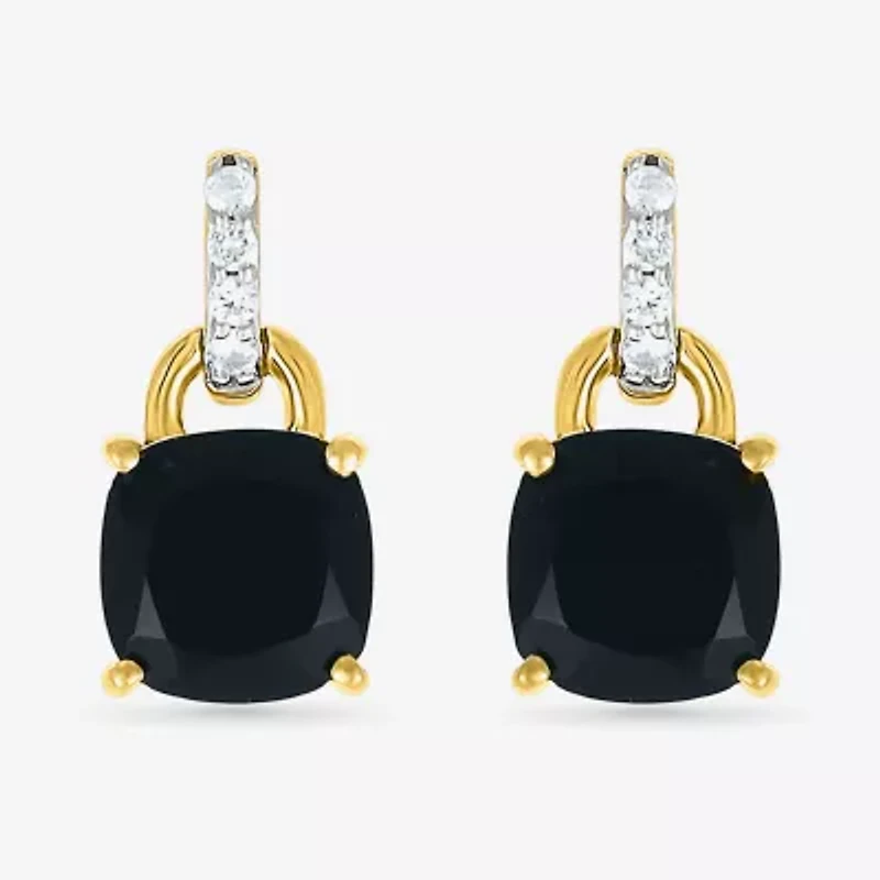 Womens Genuine Black Onyx 10K Gold Sterling Silver Cushion Drop Earrings