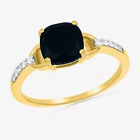 Womens Genuine Black Onyx 10K Gold Sterling Silver Cushion Side Stone Cocktail Ring