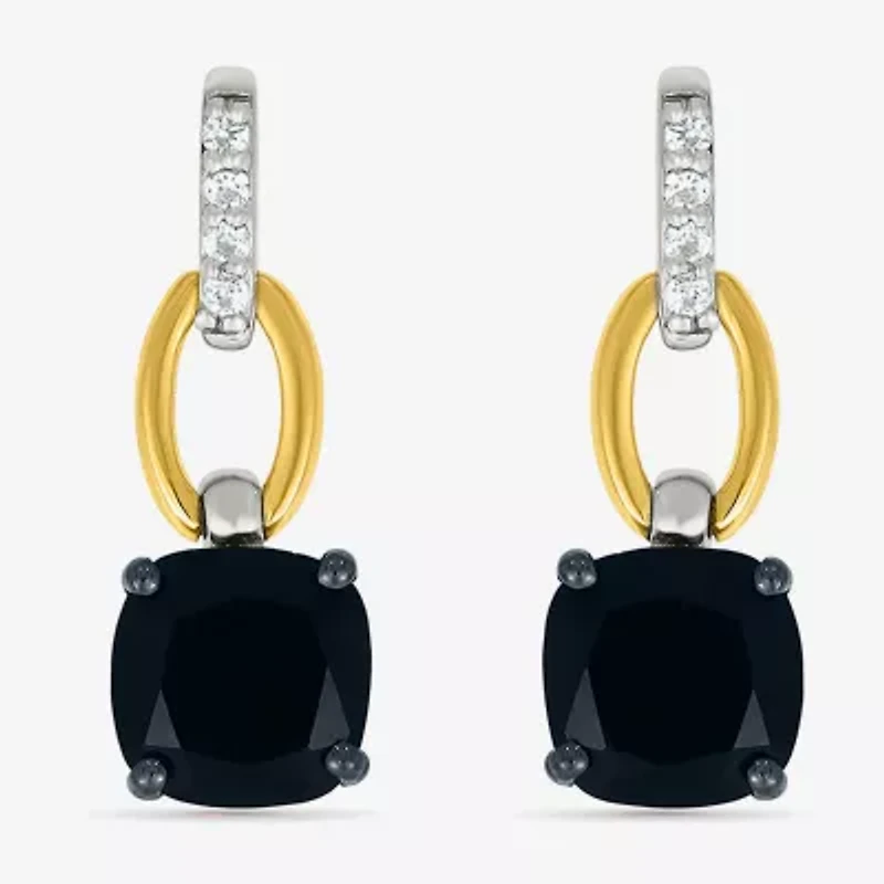 Womens Genuine Black Onyx 10K Gold Sterling Silver Cushion Drop Earrings
