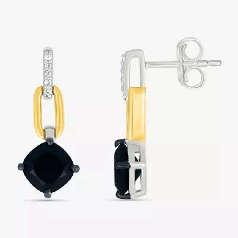 Womens Genuine Black Onyx 10K Gold Sterling Silver Cushion Drop Earrings