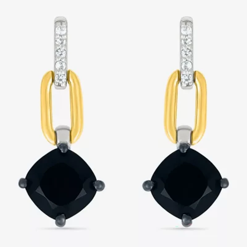 Womens Genuine Black Onyx 10K Gold Sterling Silver Cushion Drop Earrings