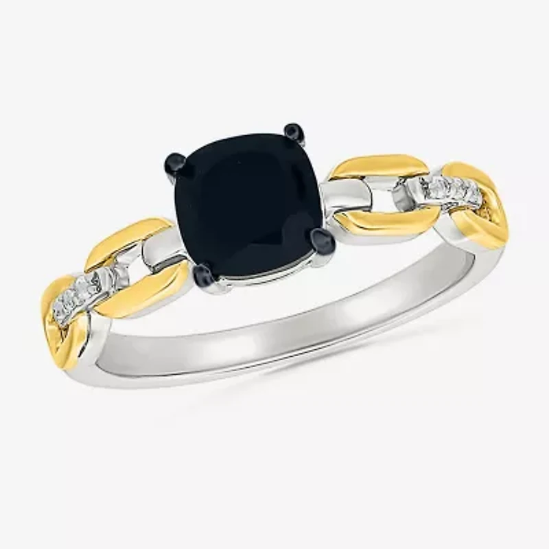 Womens Genuine Black Onyx 10K Gold Sterling Silver Cushion Cocktail Ring