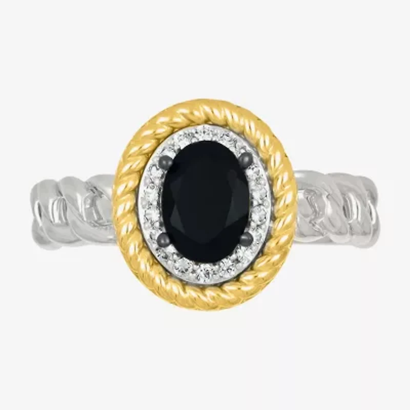 Womens Genuine Black Onyx 10K Gold Sterling Silver Oval Halo Cocktail Ring