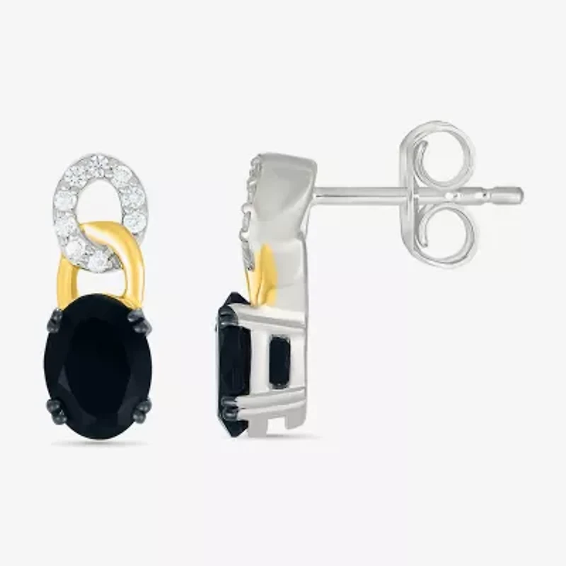 Womens Genuine Black Onyx 10K Gold Sterling Silver Oval Drop Earrings
