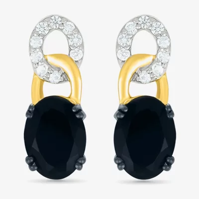 Womens Genuine Black Onyx 10K Gold Sterling Silver Oval Drop Earrings