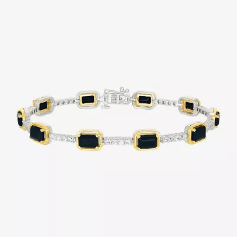 Womens Genuine Black Onyx 10K Gold Sterling Silver Tennis Bracelet