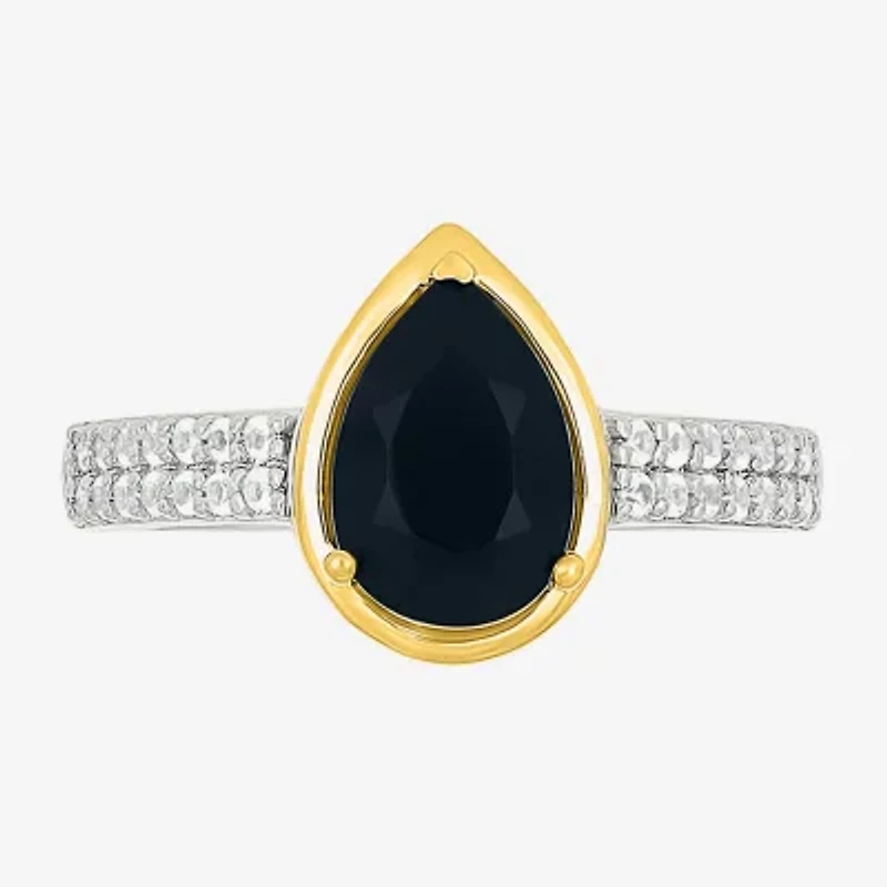 Womens Genuine Black Onyx 10K Gold Sterling Silver Pear Side Stone Cocktail Ring