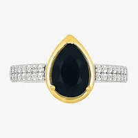 Womens Genuine Black Onyx 10K Gold Sterling Silver Pear Side Stone Cocktail Ring
