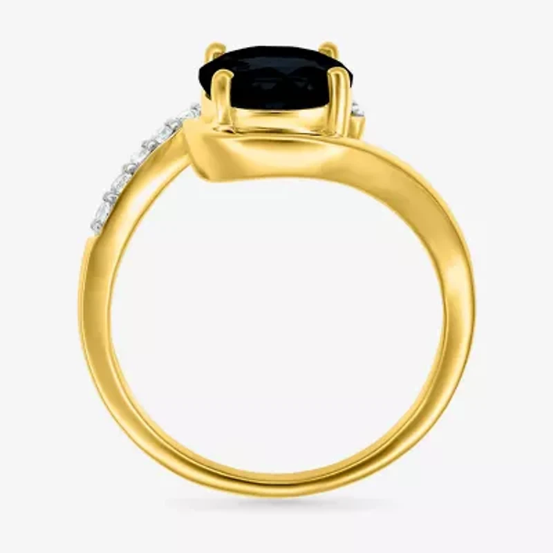 Womens Genuine Black Onyx 10K Gold Sterling Silver Round Bypass  Cocktail Ring