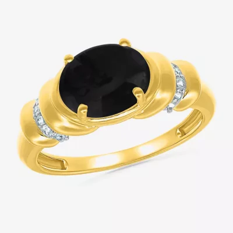 Womens Genuine Black Onyx 10K Gold Sterling Silver Oval Side Stone Cocktail Ring
