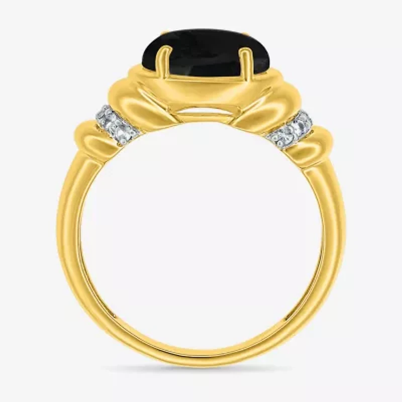 Womens Genuine Black Onyx 10K Gold Sterling Silver Oval Side Stone Cocktail Ring