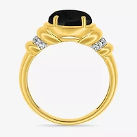 Womens Genuine Black Onyx 10K Gold Sterling Silver Oval Side Stone Cocktail Ring