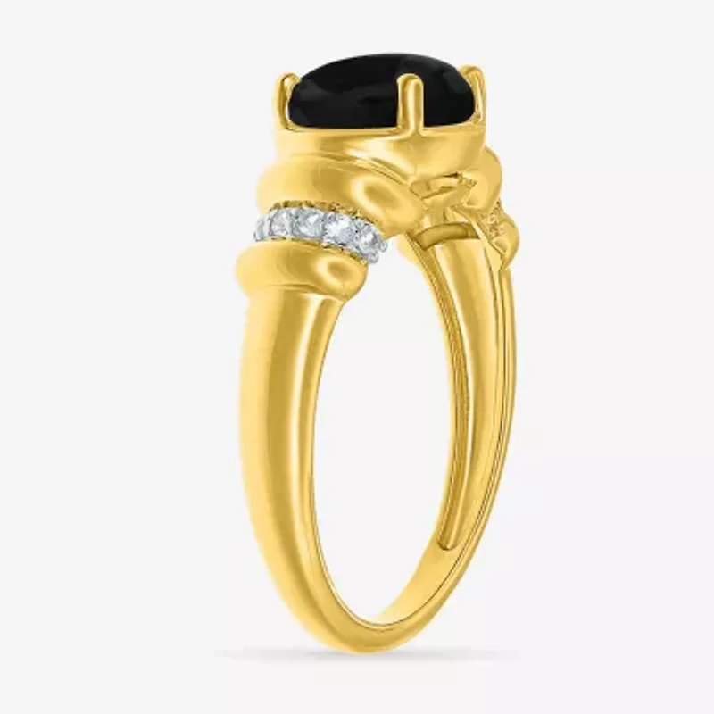 Womens Genuine Black Onyx 10K Gold Sterling Silver Oval Side Stone Cocktail Ring