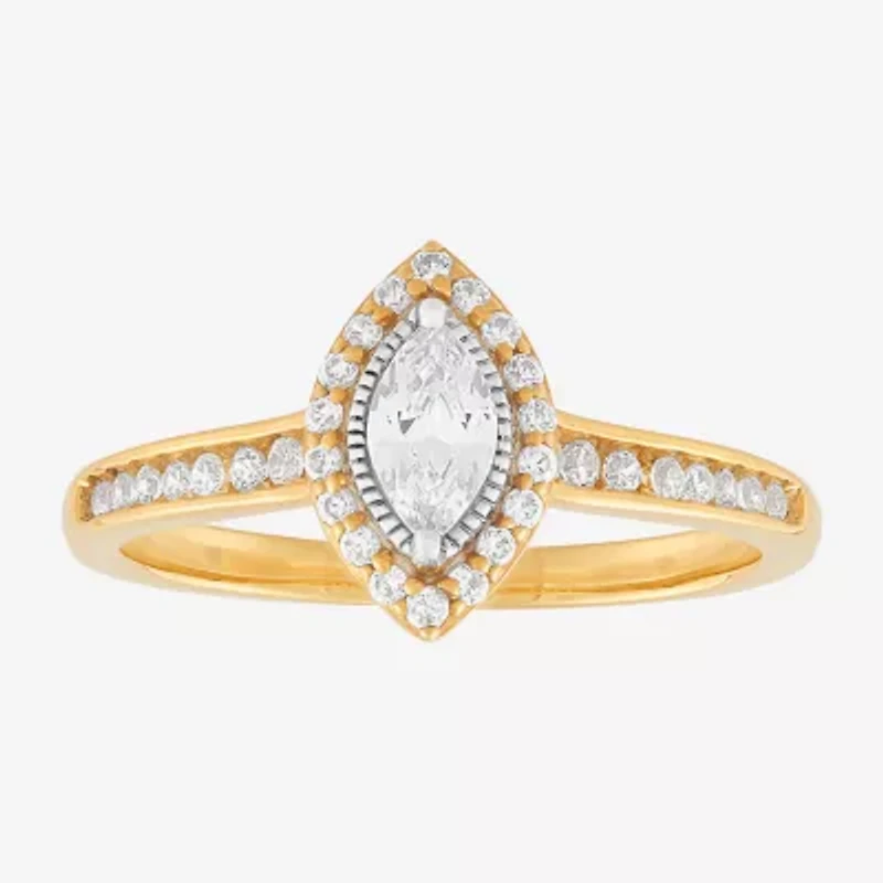 (H-I / Si1-Si2) Womens 1/2 CT. T.W. Lab Grown White Diamond 10K Gold Marquise Side Stone Halo Engagement Ring