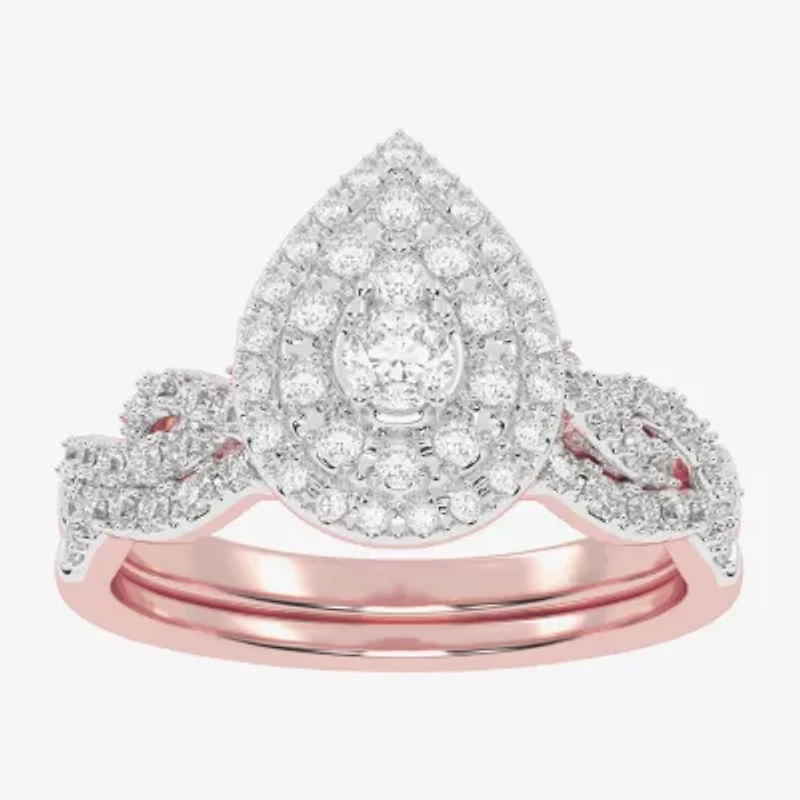 Womens CT. T.W. Natural White Diamond 10K Gold Pear Side Stone Halo Bridal Set