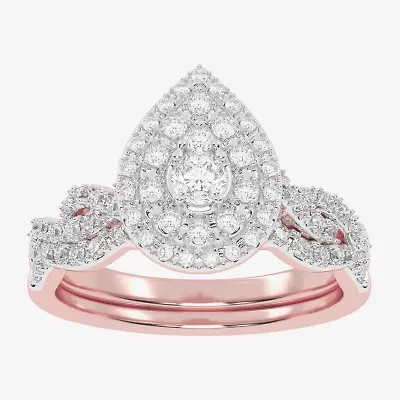Womens CT. T.W. Natural White Diamond 10K Gold Pear Side Stone Halo Bridal Set