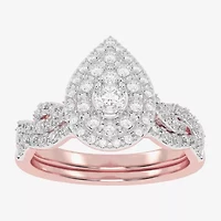 Womens CT. T.W. Natural White Diamond 10K Gold Pear Side Stone Halo Bridal Set