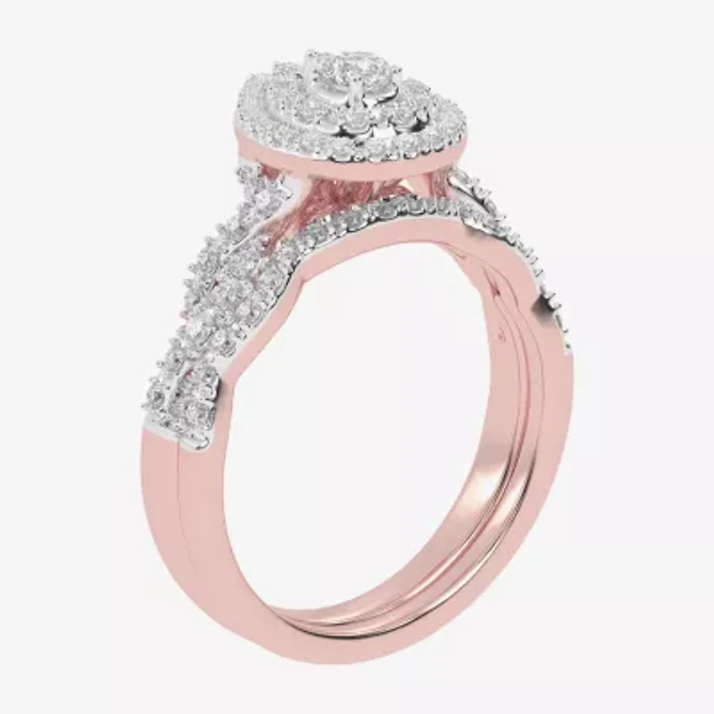 Womens CT. T.W. Natural White Diamond 10K Gold Pear Side Stone Halo Bridal Set
