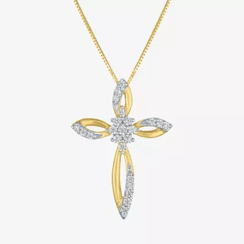 (G-H/ I1-I2) Womens 1/6 CT. T.W. Lab Grown White Diamond 10K Gold Cross 18 Inch Pendant Necklace