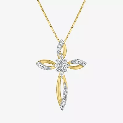(G-H/ I1-I2) Womens 1/6 CT. T.W. Lab Grown White Diamond 10K Gold Cross 18 Inch Pendant Necklace