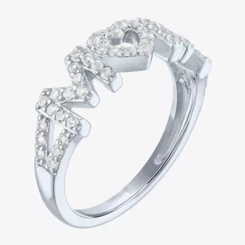 Yes, Please! "Mom" Womens Lab Created White Sapphire Sterling Silver Heart Band