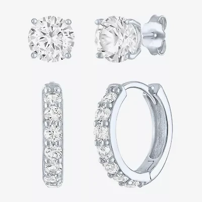 Yes, Please! Womens Lab Created White Sapphire Sterling Silver 2 Pair Earring Set