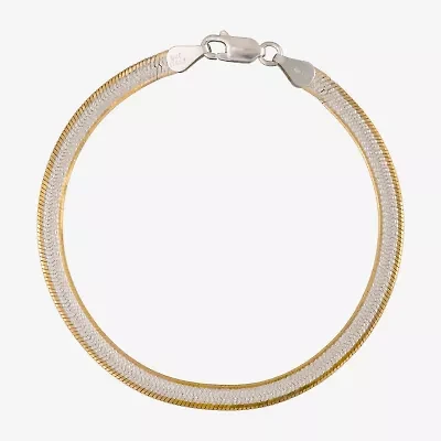 Womens 24K Gold Over Silver 7.5 Inch Solid Herringbone Chain Bracelet