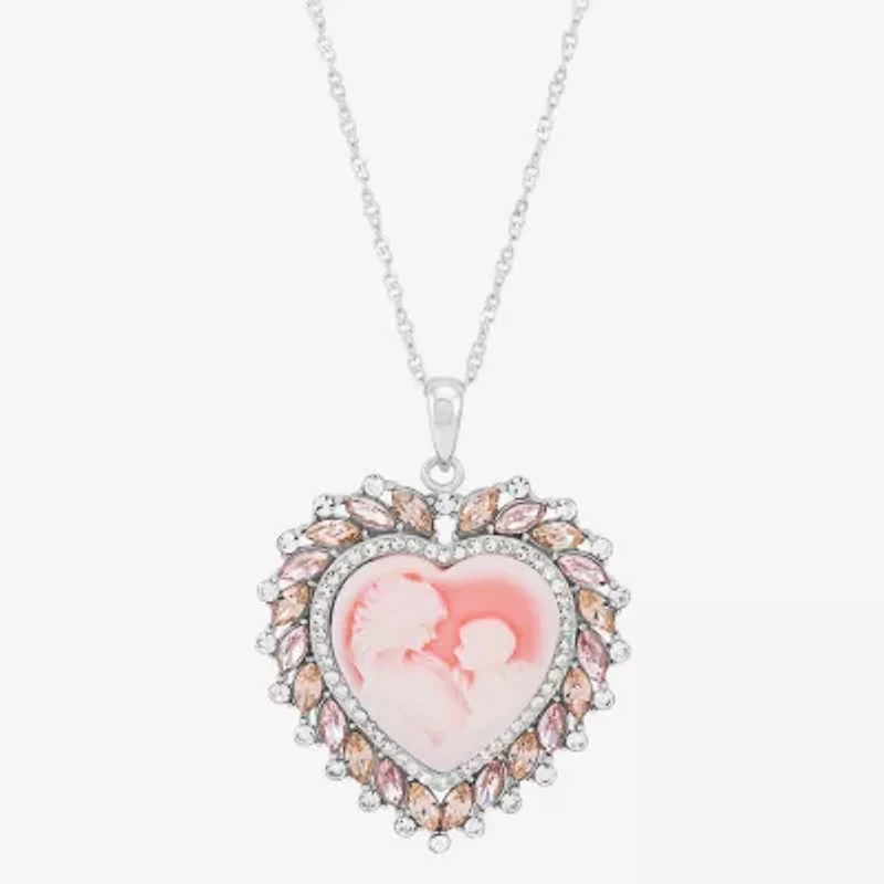 Mother And Child Womens Pink Sterling Silver Cameo Heart 18 Inch Pendant Necklace
