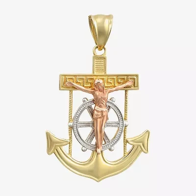 Mens 14K Tri-Color Gold Anchor Cross Pendant Necklace