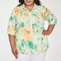 Alfred Dunner Rise And Shine Womens 3/4 Sleeve Cuffed Plus Button-Down Shirt
