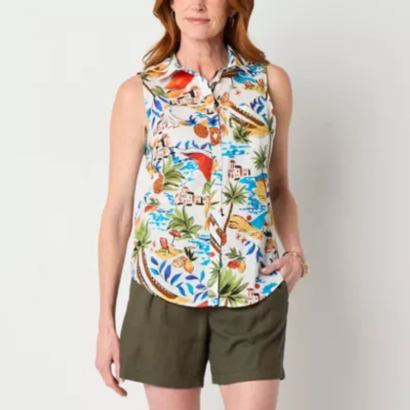 St. John's Bay Womens Easy-on + Easy-off Sleeveless Regular Fit Button-Down Shirt