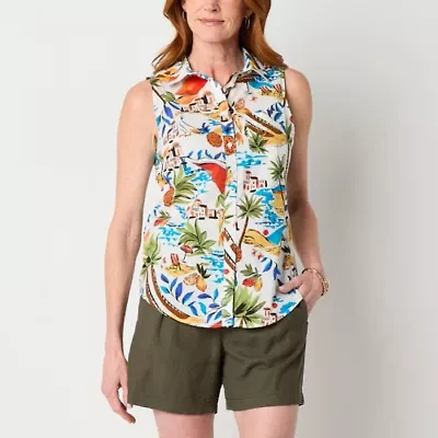 St. John's Bay Womens Easy-on + Easy-off Sleeveless Regular Fit Button-Down Shirt