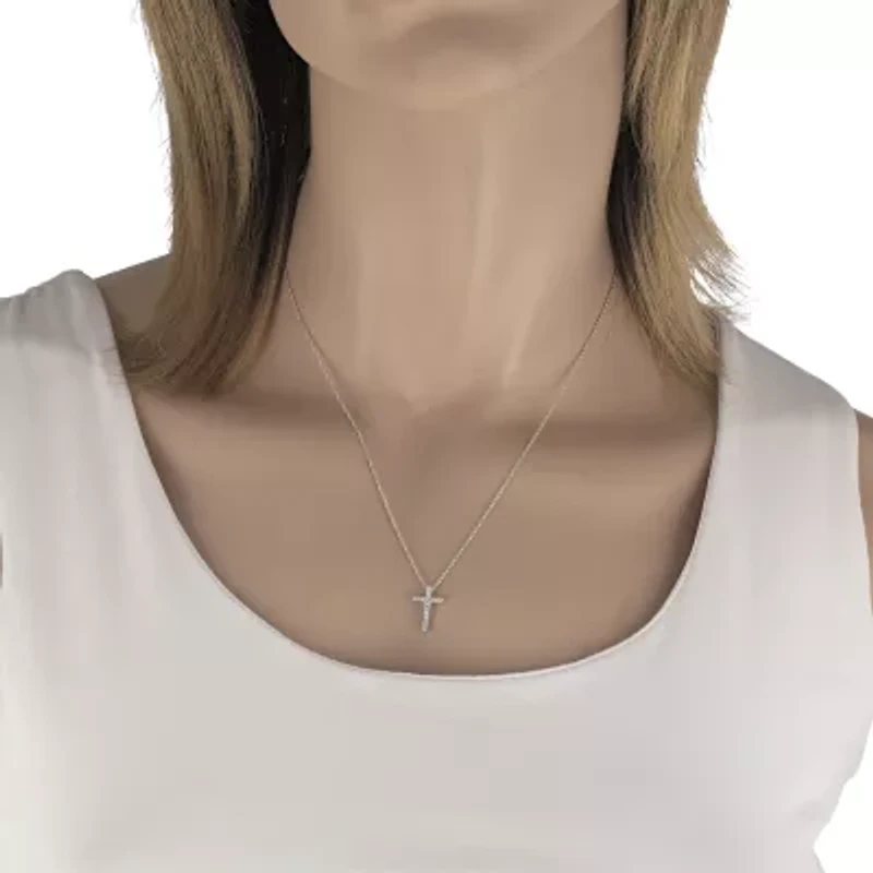 Womens 1/ CT. T.W. Natural White Diamond 10K White Gold Cross Inch Pendant Necklace