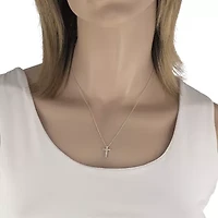 Womens 1/ CT. T.W. Natural White Diamond 10K White Gold Cross Inch Pendant Necklace