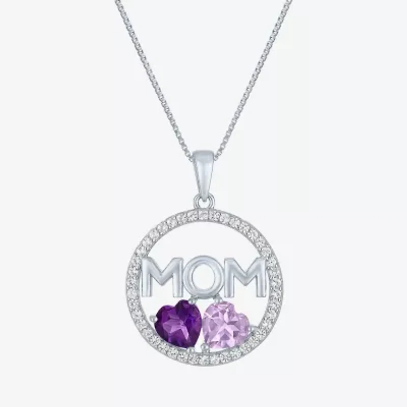 "Mom" Womens Genuine Purple Amethyst Sterling Silver 18 Inch Pendant Necklace