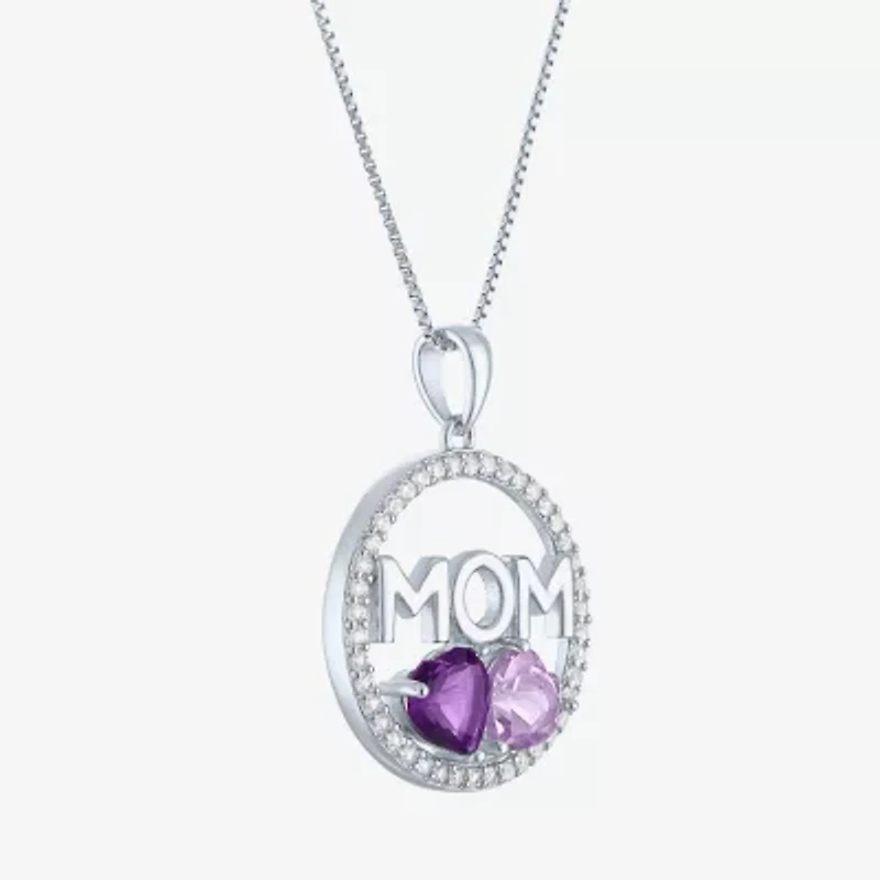 "Mom" Womens Genuine Purple Amethyst Sterling Silver 18 Inch Pendant Necklace
