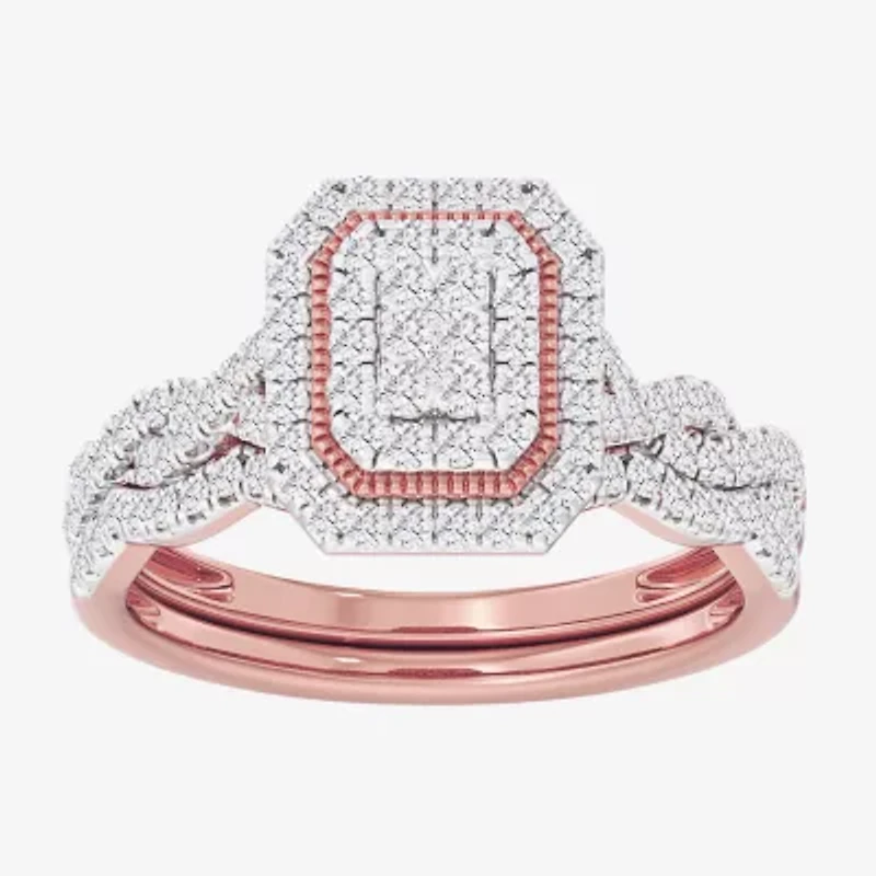 Womens CT. T.W. Natural White Diamond 10K Gold Side Stone Halo Bridal Set