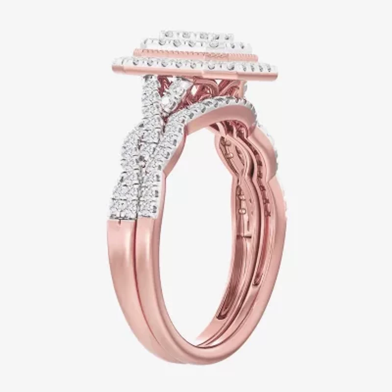 Womens CT. T.W. Natural White Diamond 10K Gold Side Stone Halo Bridal Set