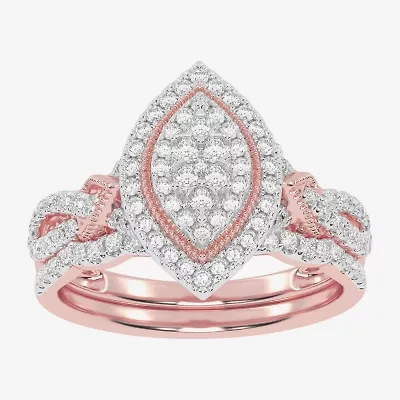 Womens 1/2 CT. T.W. Natural White Diamond 10K Gold Marquise Side Stone Halo Bridal Set