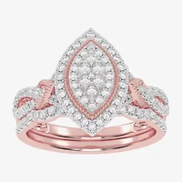 Womens 1/2 CT. T.W. Natural White Diamond 10K Gold Marquise Side Stone Halo Bridal Set