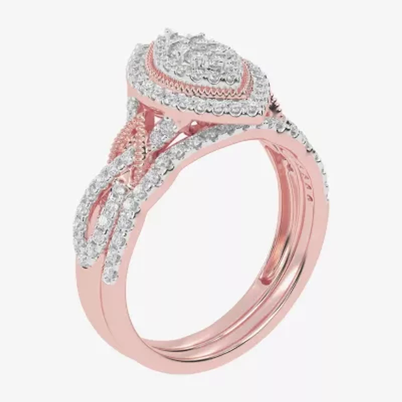 Womens 1/2 CT. T.W. Natural White Diamond 10K Gold Marquise Side Stone Halo Bridal Set