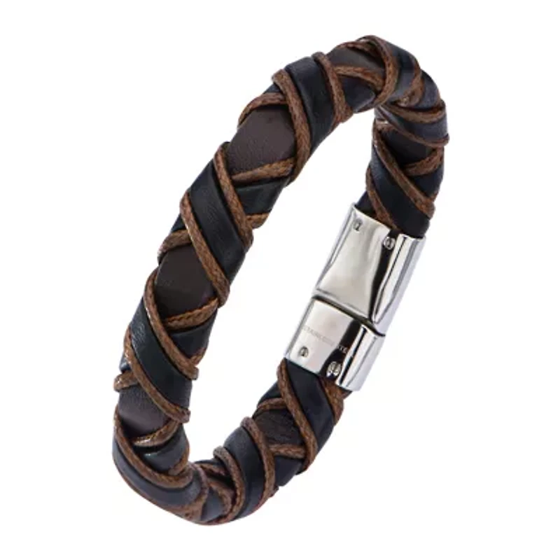 Inox® Jewelry Mens Stainless Steel Black & Brown Woven Leather Bracelet